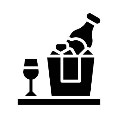 Düğün ve aşkla ilgili şampanya şişesi ve cam taşıyıcı katı tasarım.