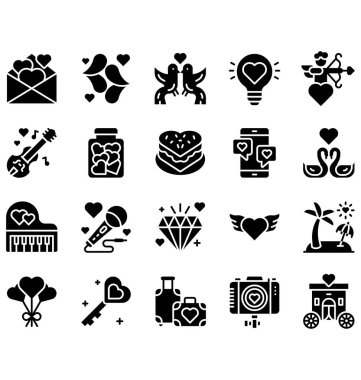 Romantizmle ilgili vagon, kamera, kalp anahtarı, mobil sohbet, bagaj, piyano, gitar, melek, kavanoz, ampul ve kuşlar katı tasarım içinde öpüşme vektörü