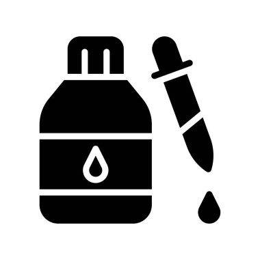 Laboratuar ikonu ile ilgili laboratuvar aşısı şişesi. İçinde damlatıcı ve damlama vektörü var.