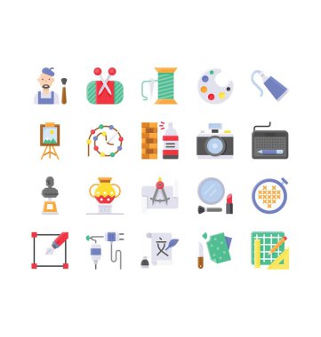 resim ve zanaat bağlantılı kamera, fırçalar, renk spreyi, renk tüpü, örgü ve kalem aracı vektörü düz tasarım