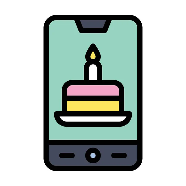 誕生日や新生の赤ちゃん関連の誕生日ケーキ編集可能なストロークでキャンドルやプレートベクトルと携帯電話で — ストックベクタ