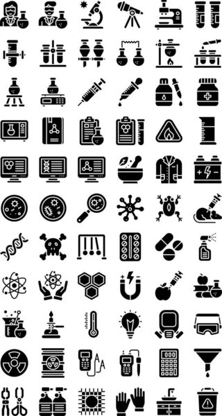 laboratory icons related injection, flask, test tube, computer screen, virus plates, lab book, blood, scientists, magnifying glass, capsules, gloves, mask and molecules vector in solid design