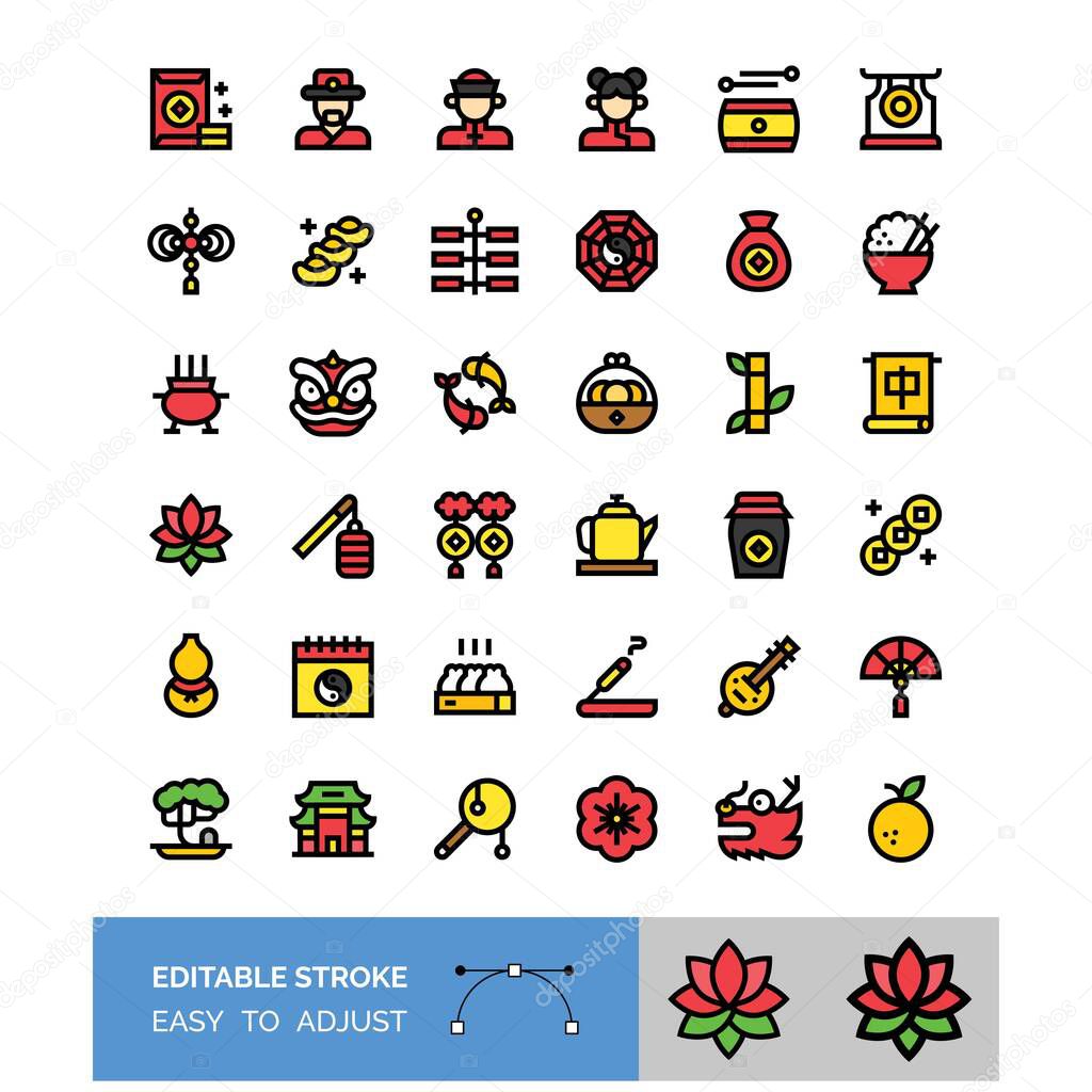 chinese new year related filled icon set editable stroke vector illustration