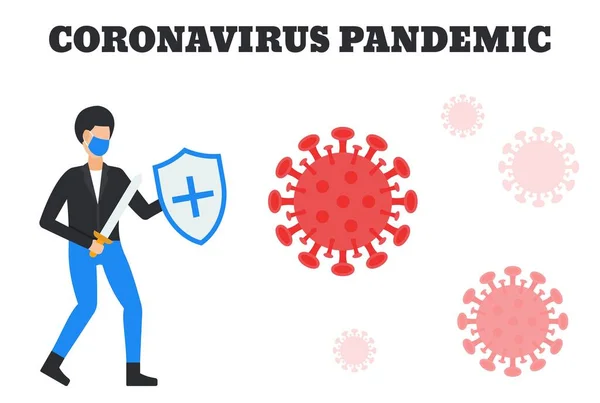 Coronavirus Covid 19スプレッドと男の子の準備ができて攻撃上のウイルスで保護シールドと剣で男の子手で白いウイルスの背景ベクトルイラストでフラットスタイル — ストックベクタ