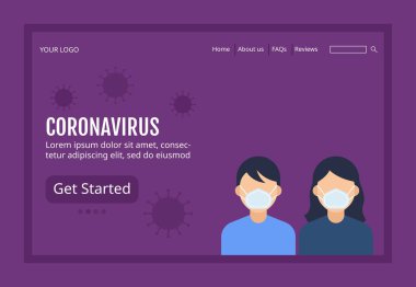 Salgın koronavirüs covid-19 web sitesi düz tasarım resimlerinde bakteri vektörleri ile yüz yüze koruma maskesi takan erkek ve kadın karakterlerle arayüzü