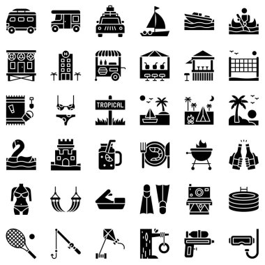 Yaz tatili ile ilgili vektör seti, katı biçim simgesi