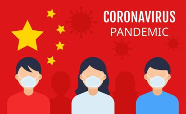 Koronavirüs salgını tehlikeli covid-19 erkek ve dişi. Çin bayrağı yıldızları ve düz dizaynlı virüs vektörlü yüz maskeleri var.