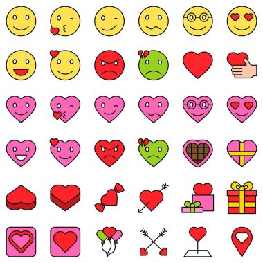 Duygusal ve aşkla ilgili vektör simgesi seti, doldurulmuş biçim simgesi düzenlenebilir taslağı