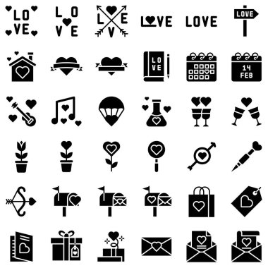 Valentine ve aşkla ilgili vektör simgesi seti, katı tasarım