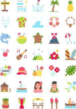 Hawaii bağlantılı ananas, hindistan cevizi, gitar, oğlan, çiçek, yaprak, tekne, uçak, davul, yangın çubuğu, sörf, gömlek, kolye, yunus, kaplumbağa, lav, dağ ve düz dizayn vektörü.,