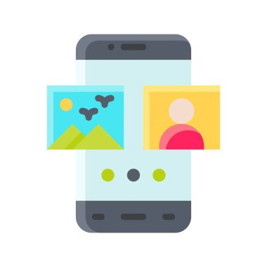 uygulama simgeleri galeri, karakter veya fotoğraf ve düğme vektörleri ile ilgili cep telefonu ekranını düz biçiminde ayarladı