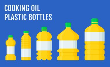 Yağ ile ilgili şişeler kapaklı ve etiketli plastik şişeler düz tasarım illüstrasyon vektörleri