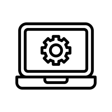 Dizüstü bilgisayar vektörü üzerindeki dişli simgesi, dijital pazarlama çizgisi biçimi düzenlenebilir vuruş