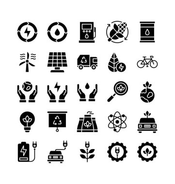 Sürdürülebilir veya geri dönüşümle ilgili güneş paneli, mısır, kamyon, bisiklet, yapraklar, tasarruf enerjisi, büyüteç, ampul, sunum, elektrikli araba, pil, dişliler ve katı tasarım molekülleri vektörü