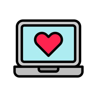 Kalp vektörlü dizüstü bilgisayar, sosyal medya ile doldurulmuş biçim düzenlenebilir vuruş simgesi
