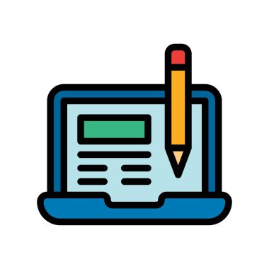 Telesekreter ya da telekomünikasyon bağlantılı çevrimiçi içerik yazımı dizüstü bilgisayar ekranı ve düzenlenebilir vuruşlu kalem vektörü