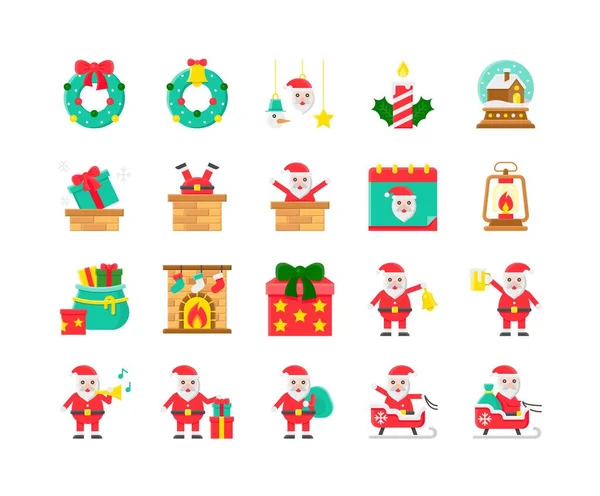 Decoración Del Día Navidad Santa Claus Conjunto Iconos Vector Plano — Vector de stock