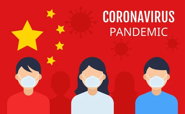 Coronavírus Surto Perigoso Covid Macho Fêmea Com Estrelas Bandeira Chinesa — Vetor de Stock