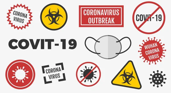 Corona Virus Covit Mascarilla Facial Señales Advertencia Ilustración Vectores Bacterias — Vector de stock