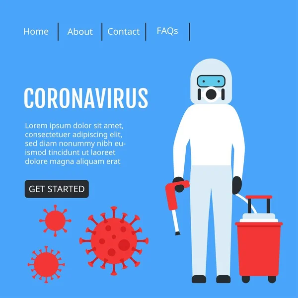Coronavirus Covid 19スプレッド中国でスプレーマンを身に着けています予防コスチューム付きウェブサイトインターフェイスとウイルスベクターイラストでフラットデザイン — ストックベクタ