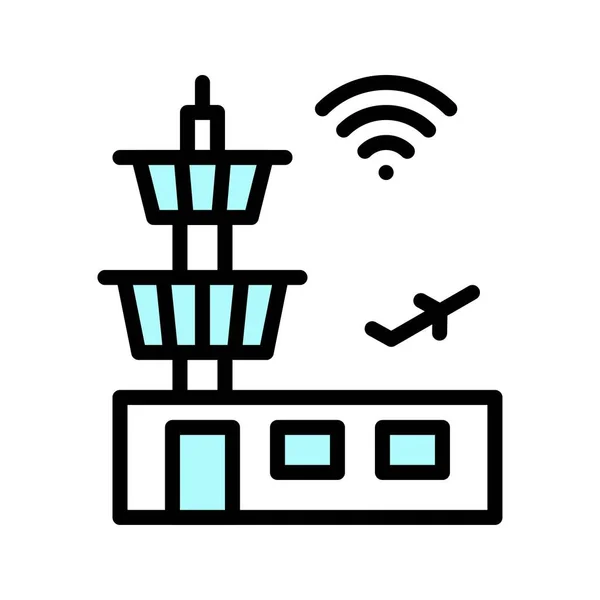 Telearbeit Oder Telekommunikation Bezogene Wifi Signale Auf Flughafengebäuden Mit Flugzeugvektor — Stockvektor