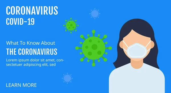 Coronavirus Covid 19関連ウェブサイトインターフェイスで女の子や医師の顔マスクを着て テキストやコロナウイルスベクターイラストでフラットスタイル — ストックベクタ
