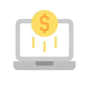 Dizüstü bilgisayar vektöründe dolar sikkesi, dijital pazarlama düz tasarım simgesi