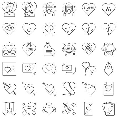 Valentine ve aşkla ilgili vektör simgesi seti, satır tasarımı