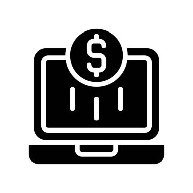 Dizüstü bilgisayarda para, dijital pazarlama katı tasarım simgesi