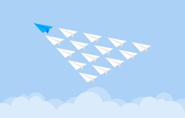 Mavi kağıt uçak, bulutlarla gökyüzünde uçan kağıt uçak grubuna önderlik ediyor. 