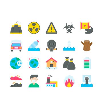 Kirlilikle ilgili gaz maskesi, nükleer, dur işareti, tehlike işareti, araba dumanı, yağ varilleri, plastik şişeler, çöp torbaları, pil, endüstri, yüz maskeli çocuk ve düz stil yangın duman vektörü