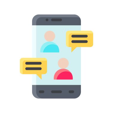 uygulama simgeleri, sohbet eden karakterler ve düz biçimli ileti açılır vektörleri ile ilgili cep telefonu ekranını ayarladı