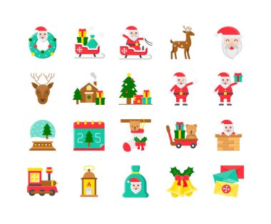 Noel süslemesi ve Noel Baba düz vektör simgesi seti