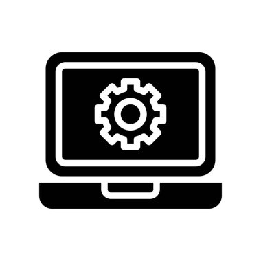 Dizüstü bilgisayar vektöründeki dişli simgesi, Dijital pazarlama katı tasarım simgesi