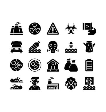 Kirlilikle ilgili gaz maskesi, nükleer, dur işareti, tehlike işareti, araba dumanı, yağ varilleri, plastik şişeler, çöp torbaları, pil, endüstri, yüz maskesi çocuk ve katı tasarım yangın duman vektörü