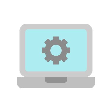 Dizüstü bilgisayar vektöründe vites simgesi, dijital pazarlama düz tasarım simgesi