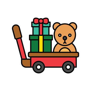 Noel Baba, ayı ve hediye kutusu, el arabalarında, dolu tasarımlarda.,