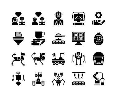 Robotik bağlantılı katı tasarım simgesi seti, vektör illüstrasyonu