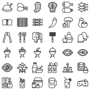 Barbeküyle ilgili vektör simgesi seti, satır tasarımı düzenlenebilir vuruş