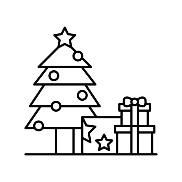 Estrellas Árboles Navidad Cajas Regalos Vectores Estilo Lineal — Vector de stock