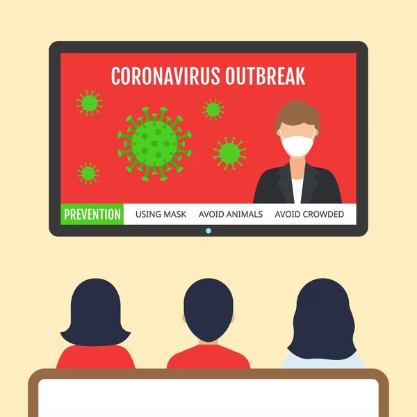 Coronavirus Covid Noticias Televisión Con Personajes Niñas Niños Con Máscara — Vector de stock