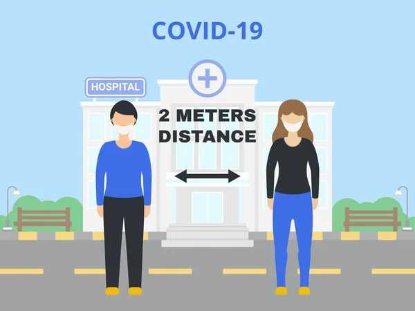 Coronavirus Covid 19関連の女の子と男の子はフラットスタイルで病院の背景ベクトルイラストと2メートルの距離を作った — ストックベクタ