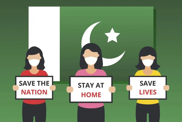 コロナウイルスパンデミックCovid 19関連パキスタンの少女たちは 顔のマスクを着用し 国民のメッセージを伝え パキスタンのグラデーション旗と背景ベクトルイラストをフラットスタイルで国や人間の命を救う — ストックベクタ