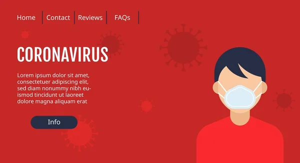 コロナウイルス関連のウェブページやウェブサイトのインターフェースフラットスタイルとは対照的にウイルスの背景を持つ男性キャラクター — ストックベクタ