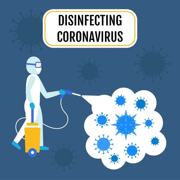 Coronavirus Covid Correlati Uomo Spray Indossando Costume Prevenzione Con Pistola — Vettoriale Stock