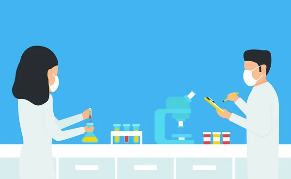 Covid Male Female Scientist Doctors Laboratory Making Experimenting Vaccine Flask — Stock Vector