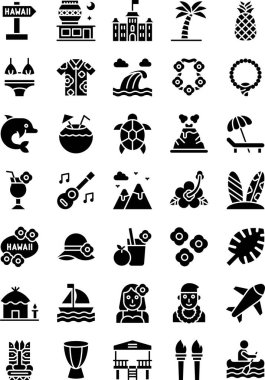 Hawaii bağlantılı ananas, hindistan cevizi, gitar, erkek, kız, çiçek, yaprak, tekne, uçak, davul, yangın çubuğu, sörf, gömlek, kolye, yunus, kaplumbağa, lav, dağ ve katı tasarım kap vektörü.,