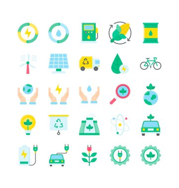 Sürdürülebilir veya geri dönüşümle ilgili güneş paneli, mısır, kamyon, bisiklet, yapraklar, tasarruf enerjisi, büyüteç, ampul, sunum, elektrikli araba, pil, dişliler ve düz stil molekül vektörü