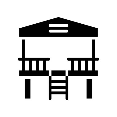 Hawaii ikonu ile ilgili, çatısı olan Hawaii plaj evi ve katı tasarım vektörü.