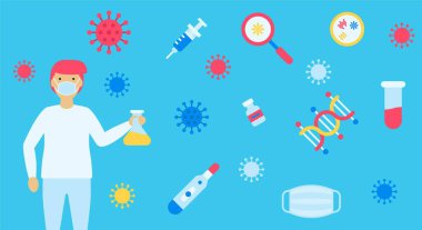 Coronavirus ya da bulaşıcı hastalıklar, enjeksiyon, matara, maske, test tüpü, karakter vektörleri illüstrasyonlu termometre.